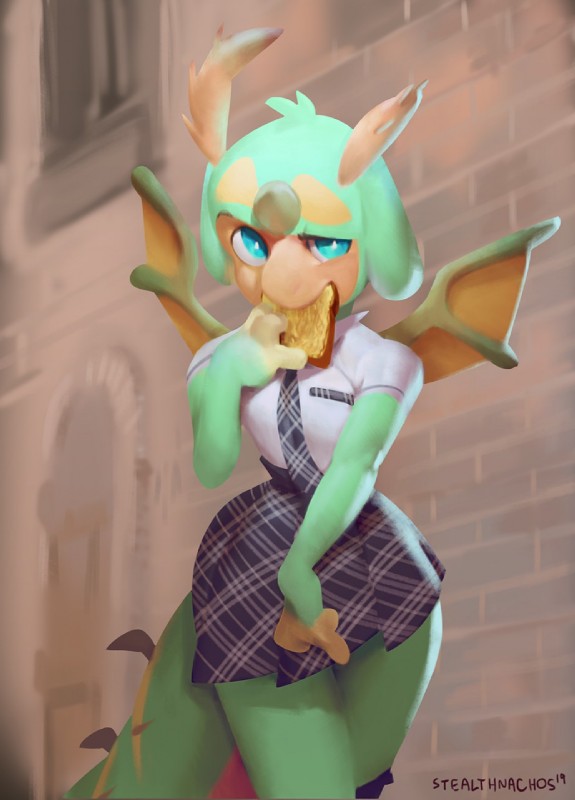 anthro blue_eyes bottomwear clothed clothing female food fully_clothed hair horn necktie outside painting school_uniform skirt solo spikes standing uniform wings stealthnachos rinpa arthropod unigan 2019 digital_media_(artwork) hi_res