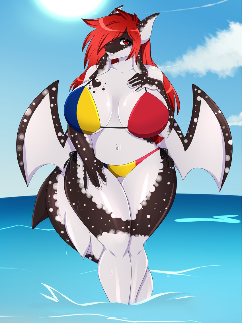 beach big_breasts bikini breasts clothing female looking_at_viewer romania romanian_flag seaside smile solo swimwear two-piece_swimsuit water wide_hips unknown_artist bella_(fluffyglitch) humanoid hybrid 3:4 absurd_res hi_res