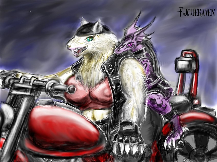 anthro biker duo female male nipple_outline fugueraven mythology canid canine dragon mammal mythological_creature mythological_scalie scalie 4:3 tagme