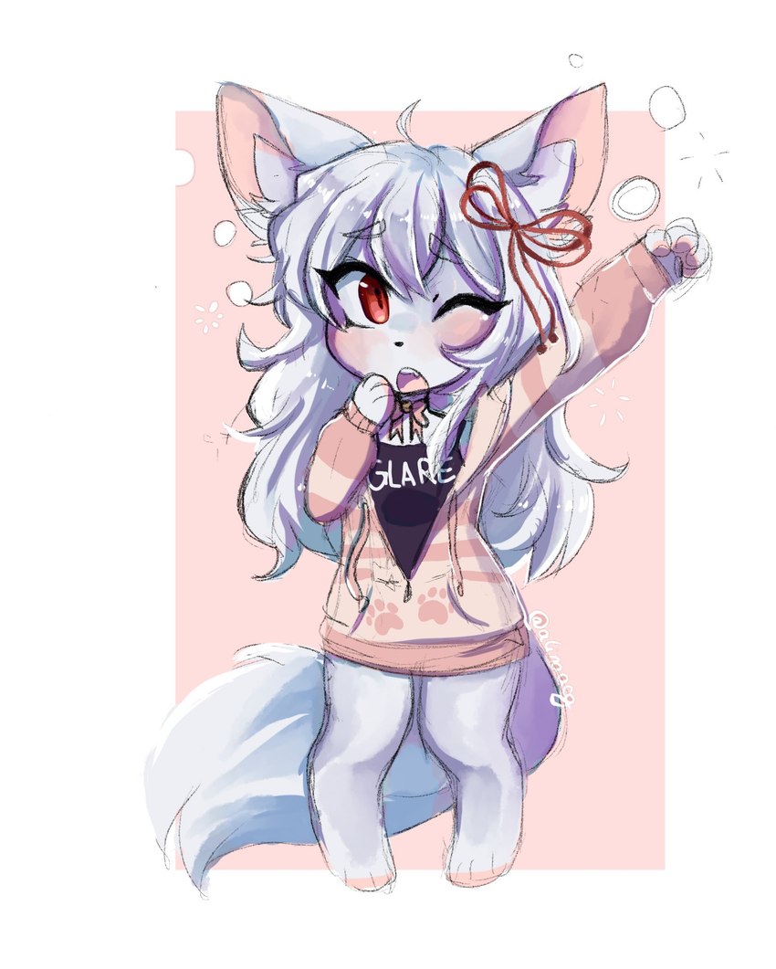 accessory anthro bow_ribbon chibi clothed clothing female fur hair hair_accessory hair_bow hair_ribbon hoodie open_mouth paws red_eyes ribbons solo stretching topwear white_body white_fur white_hair yawn anakoluth domestic_cat felid feline felis mammal hi_res