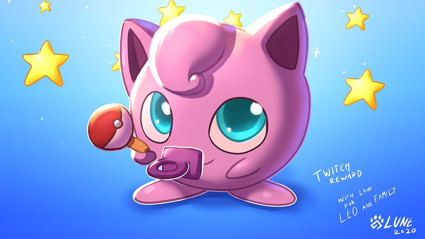 biped blue_eyes looking_at_viewer object_in_mouth pacifier pacifier_in_mouth pink_body rattle solo standing star_(shape) text young lunesnowtail nintendo pokemon generation_1_pokemon jigglypuff pokemon_(species) 16:9 2020 dated digital_media_(artwork) english_text shaded widescreen