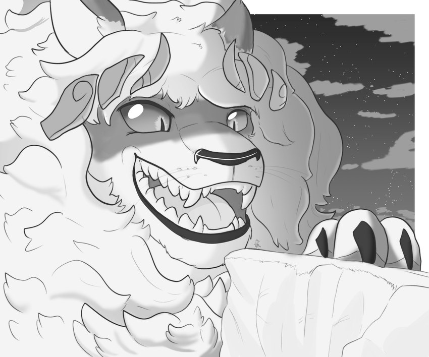 claws cliff duo fangs feral fur hair looming macro male mane night open_mouth paws simple_background size_difference teeth tongue white_body white_fur vezerem final_fantasy final_fantasy_xiv square_enix lo'venya_(loganarcania) felid hrothgar mammal 6:5 hi_res monochrome