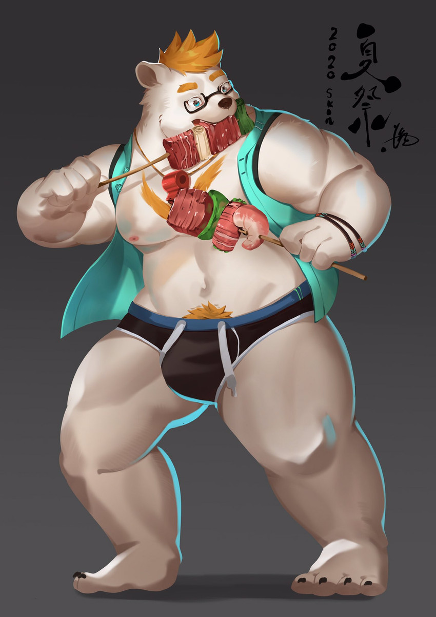 anthro bulge clothed clothing eating eyewear food fur glasses male moobs nipples open_clothing open_shirt open_topwear shirt solo topwear underwear white_body white_fur jmeo1230 bear mammal polar_bear ursine 2020 hi_res