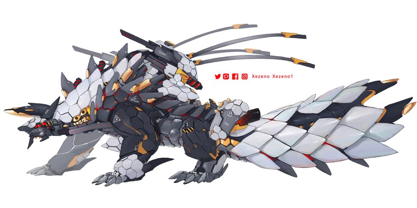 ambiguous_gender claws feral machine mecha simple_background solo tail white_background xezeno capcom horizon_(series) monster_hunter sony_corporation sony_interactive_entertainment fanged_wyvern stygian_zinogre zinogre 2022 2:1 absurd_res digital_media_(artwork) hi_res