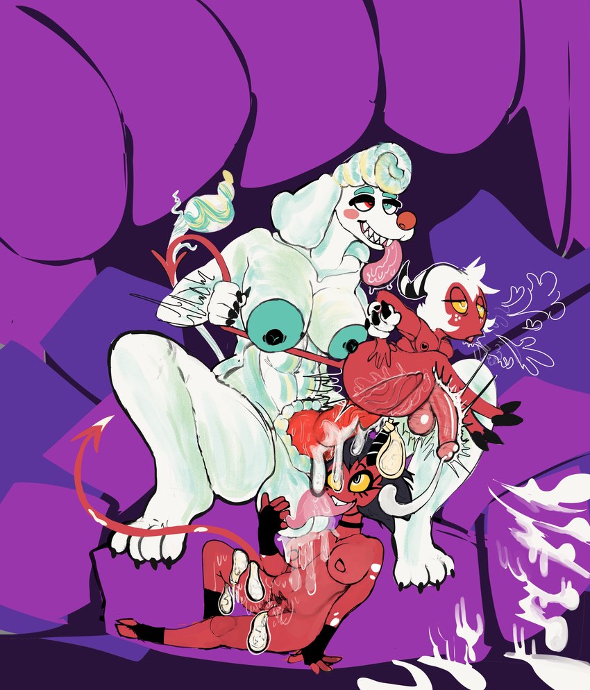 anal animal_genitalia animal_penis anthro areola ball_lick balls big_areola big_balls big_butt big_penis black_hair blue_nipples bodily_fluids breasts butt canine_genitalia canine_penis carrying_another choker claws condom cum cum_on_body cum_while_penetrated excessive_cum excessive_genital_fluids female filled_condom fur genital_fluids genitals group group_sex gynomorph gynomorph/female gynomorph/male gynomorph_penetrating gynomorph_penetrating_male hair heterochromia horn huge_balls intersex intersex/female intersex/male intersex_penetrating intersex_penetrating_male jewelry licking male male_penetrated necklace nipples nude oral penetration penis red_body red_nose sex sexual_barrier_device size_difference tail tail_pull threesome toe_claws tongue tongue_out trio white_body white_fur white_hair donaldducked helluva_boss fan_character millie_(helluva_boss) moxxie_(helluva_boss) canid canine canis domestic_dog imp mammal poodle absurd_res hi_res