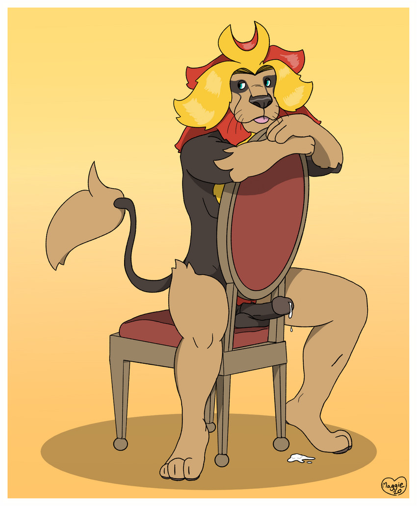 anthro anthrofied athletic balls blep bodily_fluids border brown_body brown_fur chair cum fur furniture genital_fluids genitals green_eyes humanoid_genitalia humanoid_penis male mane muscular on_chair penis pokemorph red_body red_fur sitting sitting_on_chair solo straddling_chair tail tail_tuft tongue tongue_out tuft whiskers white_border yellow_body yellow_fur baron_montesque nintendo pokemon felid generation_6_pokemon lion mammal pantherine pokemon_(species) pyroar hi_res