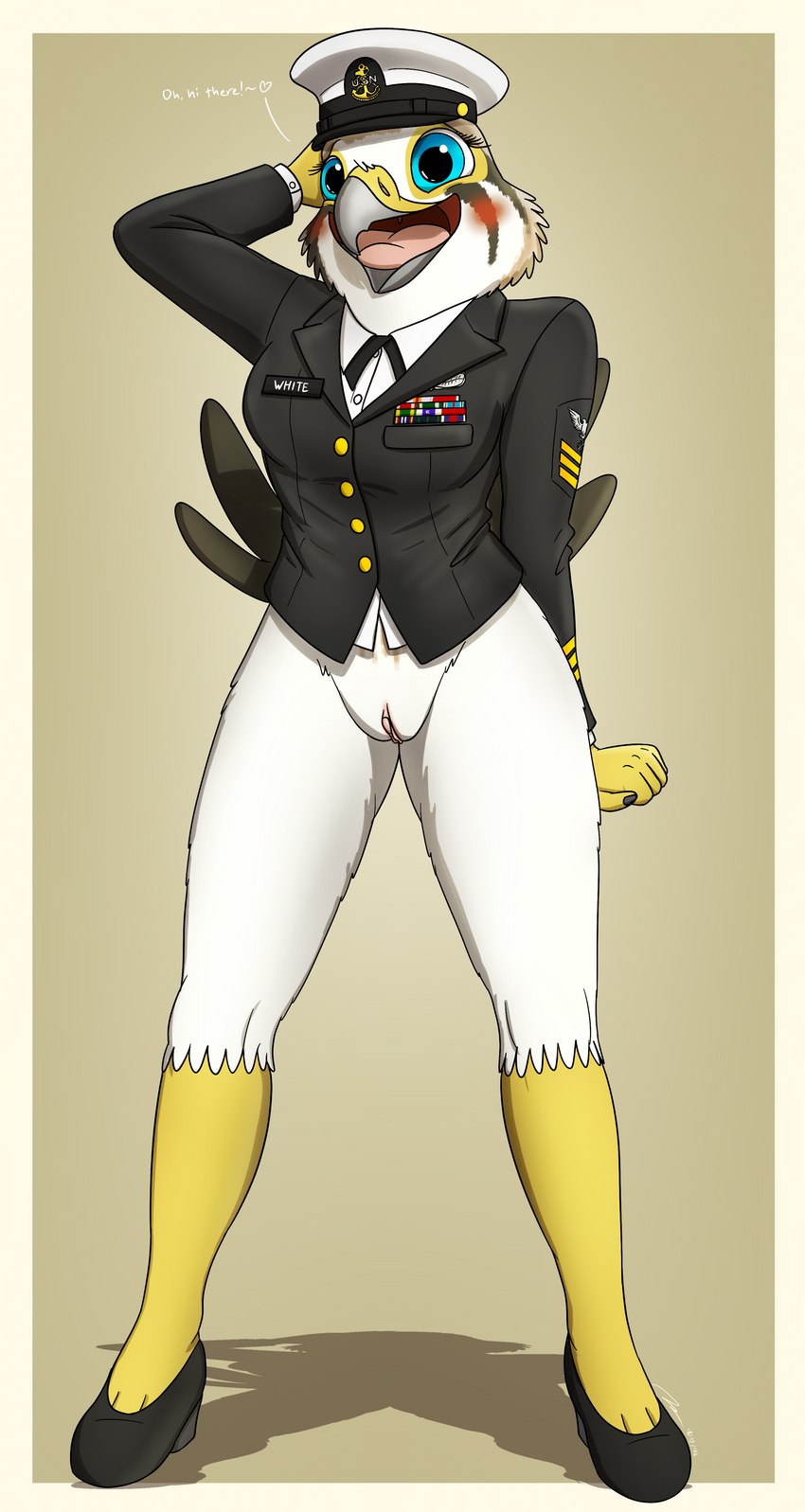 anthro blush border bottomless breasts clitoris clothed clothing exhibitionism female footwear genitals hat headgear headwear high_heels looking_at_viewer military military_uniform navy navy_uniform pose pussy shoes solo suit uniform white_border fish_birb u.s._navy evy_(fish_birb) american_kestrel avian bird falcon falconid kestrel absurd_res hi_res pinup