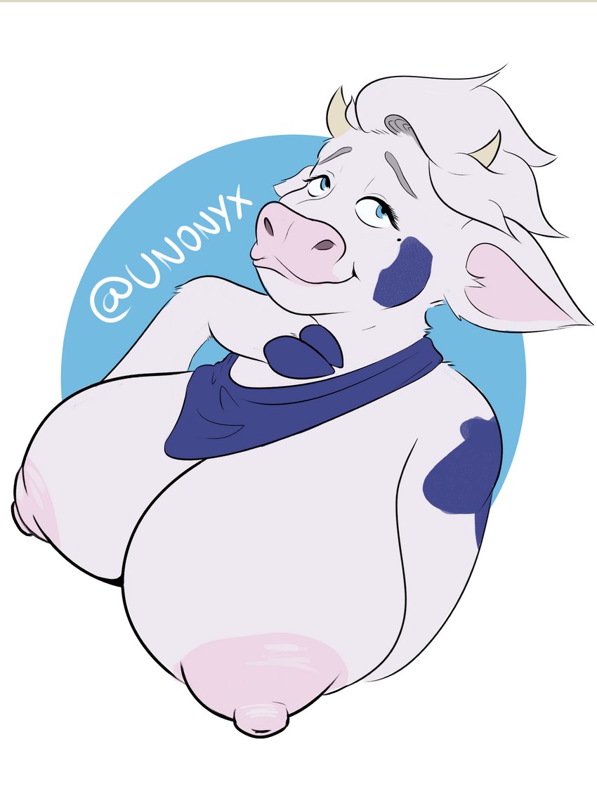 anthro big_breasts blue_body blue_eyes blue_fur breasts female fur hooves mascot nipples pink_nose smug solo white_body unonyx lactaid lactaid_cow bovid bovine cattle mammal 3:4 absurd_res bust_portrait hi_res portrait