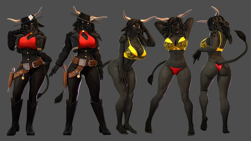 anthro belt big_breasts boots bra breasts cleavage clothed clothing cowgirl_outfit female footwear gun handgun holster horn multiple_poses muscular muscular_female navel pistol pose ranged_weapon shoes solo standing tail underwear weapon petruz petruz_(modeler) mercedes_(petruz) bovid bovine cattle mammal 16:9 3d_(artwork) digital_media_(artwork) hi_res model_sheet source_filmmaker_(artwork) widescreen