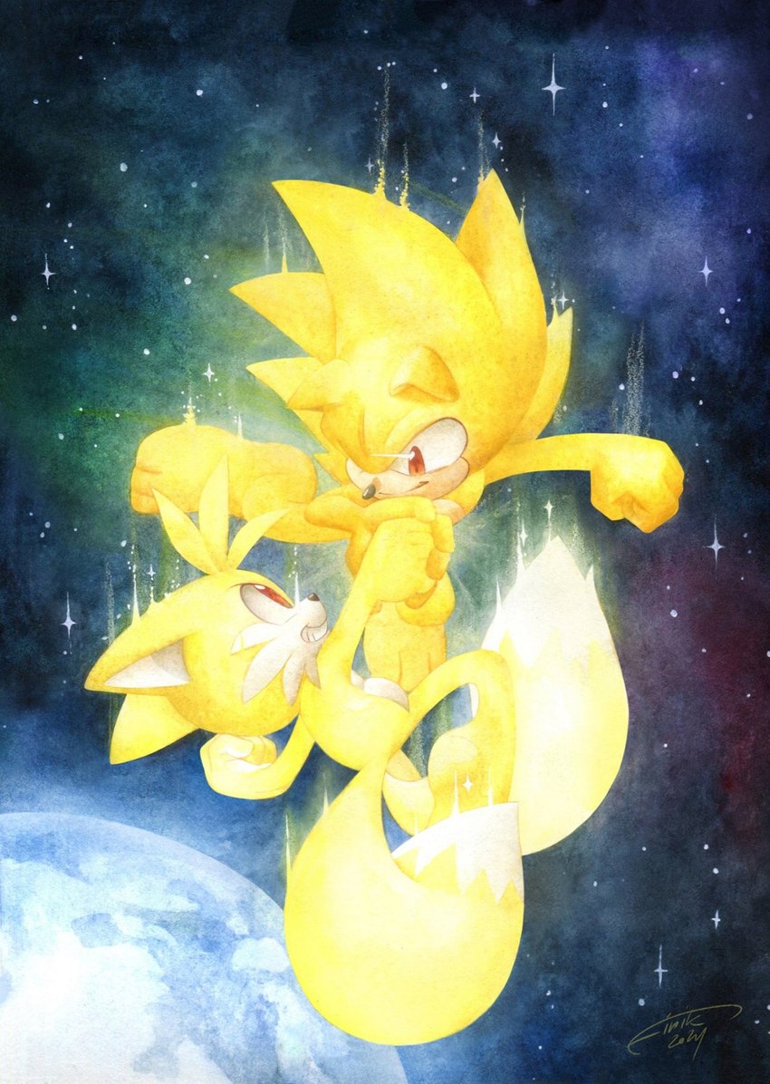 2_tails 3_toes 5_fingers anthro barefoot cheek_tuft duo earth facial_tuft feet fingers fur looking_at_another male multi_tail nude paws planet quills_(anatomy) red_eyes smile space star tail teeth toes tuft yellow_body yellow_fur finikart sega sonic_the_hedgehog_(series) miles_prower sonic_the_hedgehog super_sonic super_tails canid canine eulipotyphlan fox hedgehog mammal 2024 hi_res