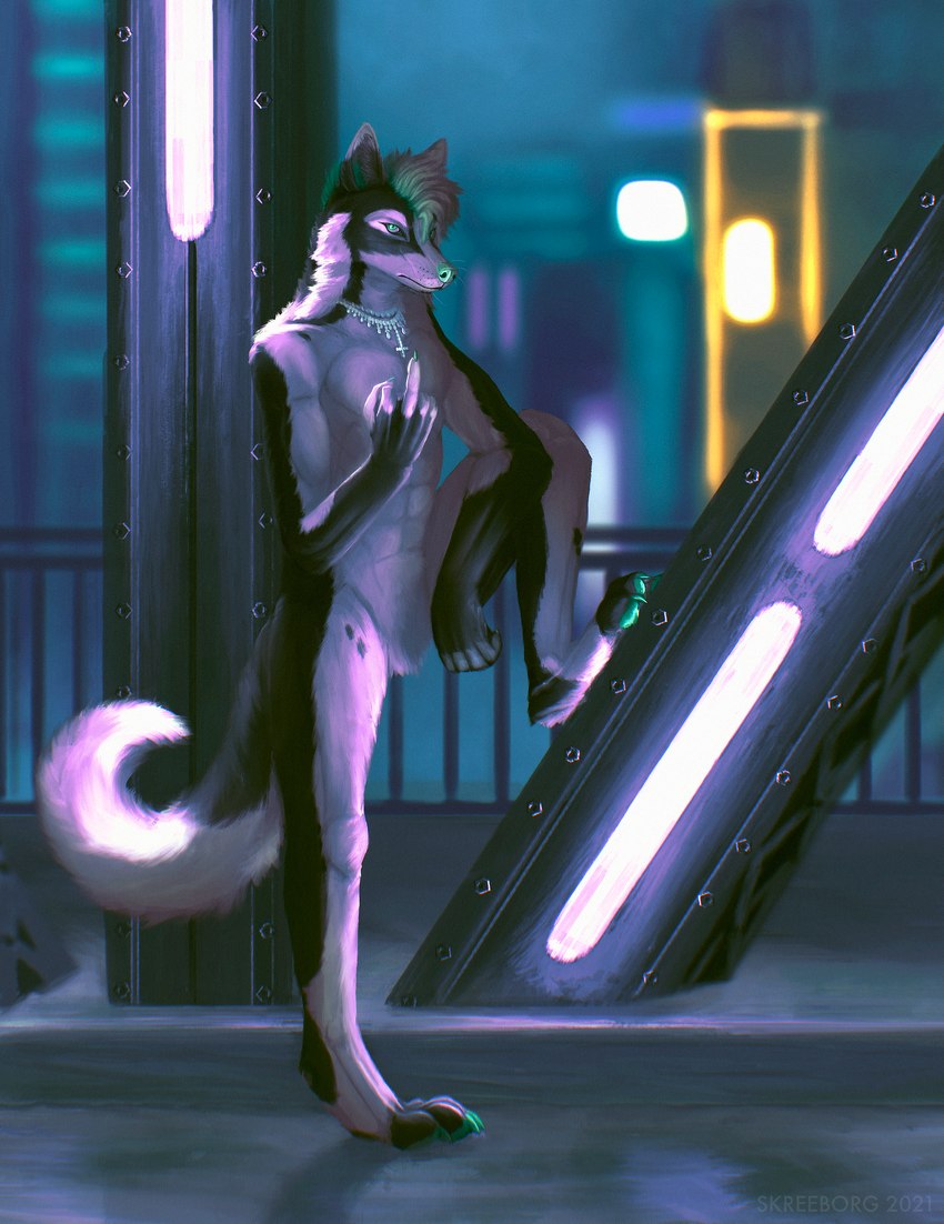 alternative_fashion anthro bridge city cityscape cyberpunk dark dusk fingers jewelry lights male necklace neon night punk serious solo screechborg canid canine canis domestic_dog husky mammal nordic_sled_dog spitz hi_res