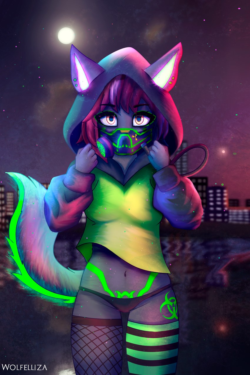 anthro belly black_clothing black_panties black_underwear blurred_background bottomless city city_background cityscape clothed clothing cloud detailed_background ear_piercing female fishnet_clothing fur gas_mask green_body green_clothing green_fur green_legwear grey_body grey_fur hazard_symbol holding_clothing holding_hoodie holding_object holding_topwear hoodie hoodie_only legwear looking_at_viewer mask moon night panties pattern_clothing pattern_legwear piercing radiation_symbol reflections sea solo standing striped_clothing striped_legwear stripes symbol topwear topwear_only underwear water yellow_eyes wolfelliza 2:3 hi_res