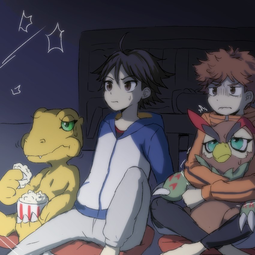 anthro black_hair bored brown_body brown_feathers brown_hair eyewear feathers goggles green_eyes group hair male watching_television mofumi_corvus bandai_namco digimon digimon_survive agumon_(survive) falcomon_(survive) minoru_hyuga takuma_momozuka agumon digimon_(species) falcomon human mammal 1:1 hi_res