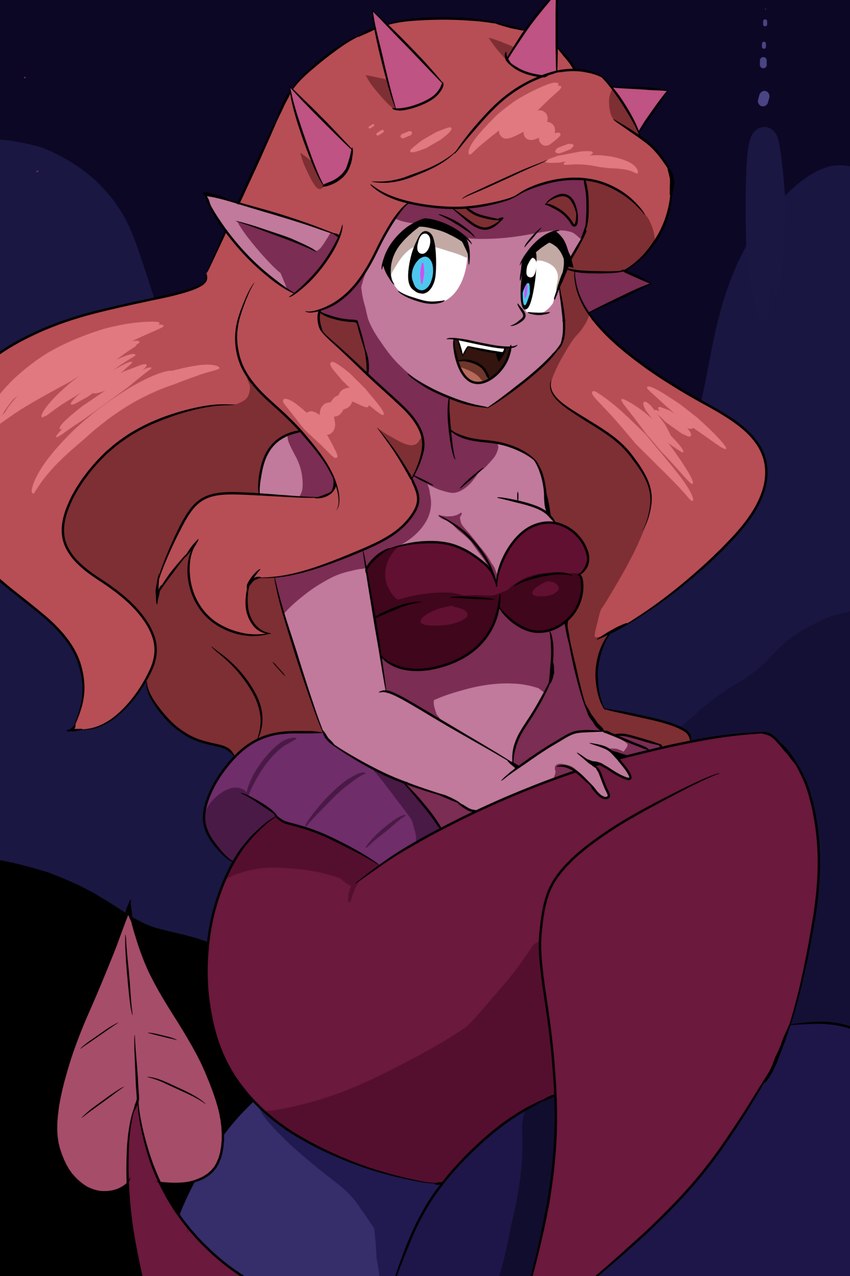 bra clothing fangs female horn monster_girl_(genre) pink_body pink_skin pointy_ears seashell_bra solo split_form teeth underwear qsky disney the_little_mermaid_(1989) ariel_(disney) horned_humanoid humanoid marine merfolk hi_res