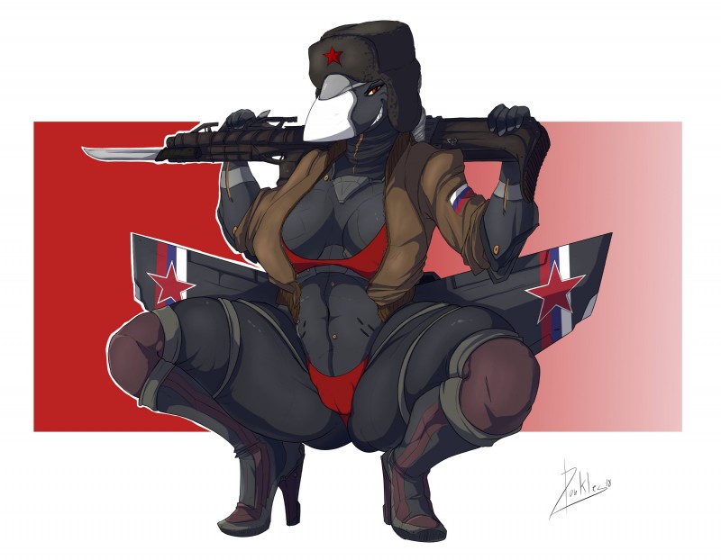 aircraft bayonet bikini boots breasts camel_toe clothed clothing crouching female footwear gun hat headgear headwear high_heels holding_gun holding_object holding_ranged_weapon holding_weapon knife looking_at_viewer machine not_furry ranged_weapon rifle russian shoes smile solo spread_legs spreading su-47 swimwear thick_thighs two-piece_swimsuit underwear vehicle weapon wings donkles sukhoi aircraft_humanoid living_aircraft living_machine living_vehicle 2018 absurd_res hi_res