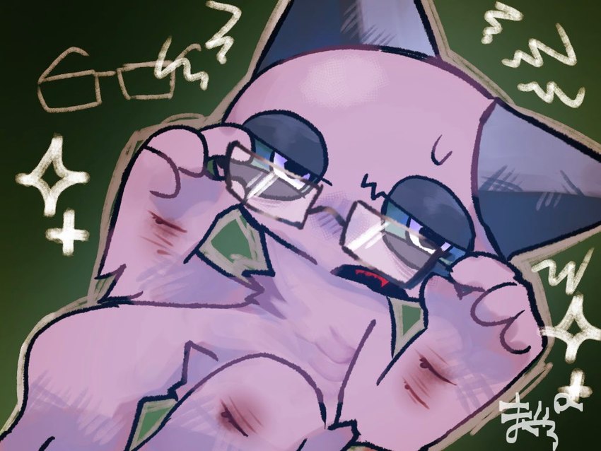 anthro arm_scar black_ears blue_sclera eyewear fur glasses holding_eyewear holding_glasses holding_object leg_scar open_mouth pink_body pink_fur pupils red_teeth scar solo teeth maguro_811 neko_no_teach-kun oyasaioni9 onishi_(neko_no_teach-kun) domestic_cat felid feline felis mammal 4:3