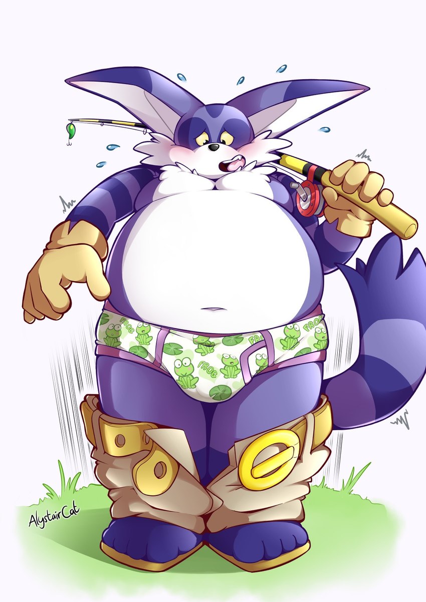 anthro belly belt blush bottomwear bottomwear_down briefs clothed clothing embarrassed fishing_rod fur gloves handwear male navel overweight pants pants_down partially_clothed pattern_clothing pattern_underwear purple_body purple_fur solo striped_body striped_fur stripes underwear alystaircat sega sonic_the_hedgehog_(series) big_the_cat domestic_cat felid feline felis mammal hi_res