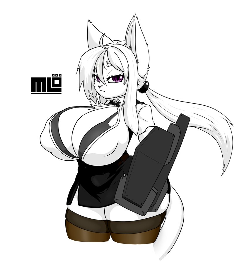 anthro big_breasts breasts clothing cocktail_dress female fur hair huge_breasts legwear nipple_outline purple_eyes solo stockings white_body white_fur white_hair mi_lan milan_(mi_lan) felid mammal absurd_res hi_res