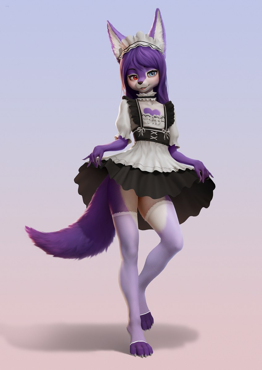 alternative_fashion anthro bedroom_eyes blush bow_accessory clothed clothing clothing_bow clothing_lift crossdressing dress dress_lift ears_up femboy fluffy fluffy_ears fluffy_tail fur goth gothic_lolita grin hair happy heart_(marking) heterochromia j-fashion legwear lolita_(fashion) looking_at_viewer maid_headdress maid_uniform male markings multicolored_body multicolored_eyes multicolored_fur nails narrowed_eyes paws purple_body purple_fur purple_hair purple_tail seductive simple_background smile solo tail text toeless_legwear two_tone_body two_tone_fur uniform white_body white_fur white_uniform halz raych_(lordmau5) canid canine fox mammal absurd_res english_text hi_res huge_filesize