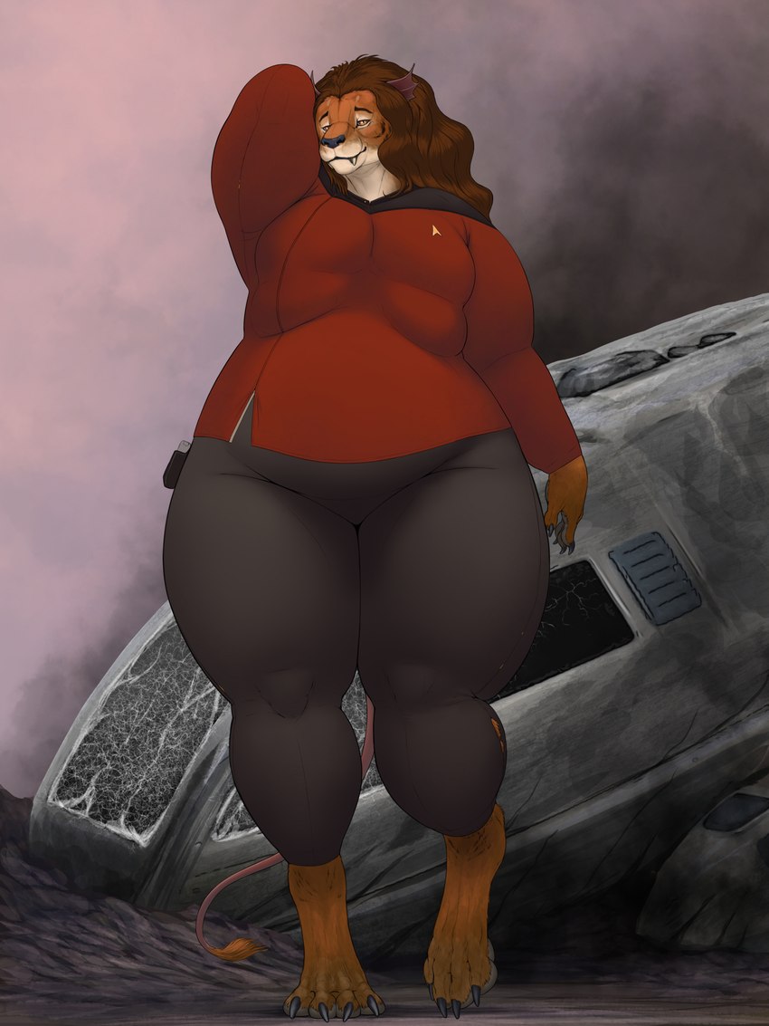 anthro big_breasts black_body black_bottomwear black_claws black_clothing black_fur black_pants bottomwear breasts brown_hair claws clothing digitigrade female fur hair huge_thighs long_hair multi_breast multicolored_body multicolored_fur orange_body orange_eyes orange_fur pants red_clothing red_shirt red_topwear shirt slightly_chubby slightly_chubby_female solo thick_thighs toe_claws topwear torn_clothing meanybeany star_trek caitian felid kzinti mammal 3:4 hi_res