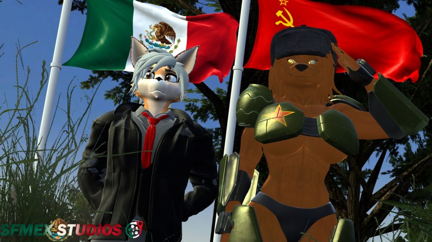 anthro clothed clothing duo female flag fully_clothed hat headgear headwear male mexican_flag mexico russian soviet_flag soviet_union ushanka sfmex_studios petruz_(copyright) warfare_machine dasha_(petruz) bear canid canine canis mammal wolf 16:9 3d_(artwork) digital_media_(artwork) hi_res source_filmmaker_(artwork) widescreen