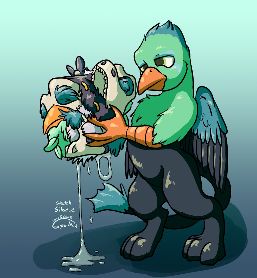 after_vore alternate_species ambiguous_gender ambiguous_prey avian_feet beak bodily_fluids bone death disposal feathered_wings feathers feral feral_pred green_body green_eyes grey_body larger_pred male multiple_prey paws pellet saliva same_size_vore size_difference solo tail tail_tuft tuft vore wings gyrotech silent_e mythology ruzeth ruzzy zuthal avian gryphon mythological_avian mythological_creature