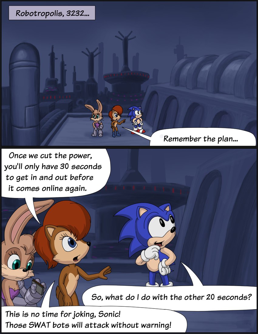 anthro city cityscape dialogue dystopian female group male robotic_limb text trio omatic archie_comics sega sonic_the_hedgehog_(archie) sonic_the_hedgehog_(comics) sonic_the_hedgehog_(satam) sonic_the_hedgehog_(series) bunnie_rabbot sally_acorn sonic_the_hedgehog eulipotyphlan ground_squirrel hedgehog lagomorph leporid mammal rabbit rodent sciurid absurd_res comic english_text hi_res