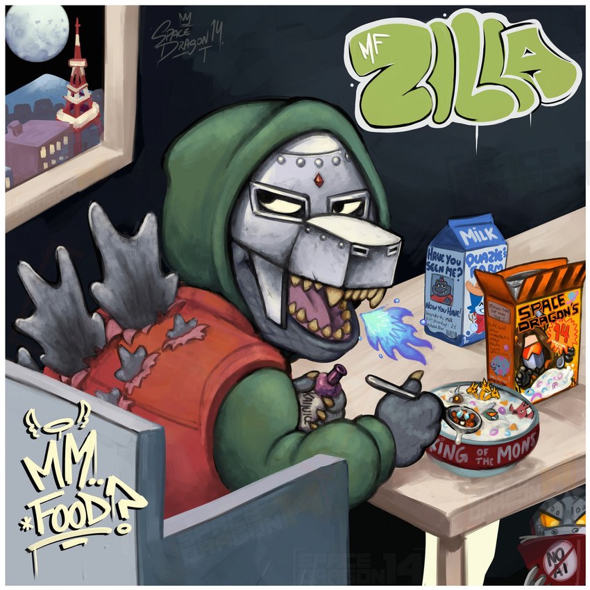 anthro beverage bottle breath_powers cereal_bowl cereal_box clothing container cutlery dairy_products elemental_manipulation fire fire_breathing fire_manipulation food furniture green_clothing green_hoodie green_topwear grey_body grey_scales holding_beverage holding_bottle holding_container holding_object holding_spoon hoodie jacket kitchen_utensils logo looking_back male mask metal_mask milk_carton milk_container open_mouth orange_clothing orange_jacket orange_topwear question_mark scales sharp_teeth sitting solo spoon table teeth text tools topwear wearing_mask spacedragon14 godzilla_(series) mf_doom mm..food toho godzilla kaiju scalie 1:1 2025 album_cover cover english_text hi_res meme redraw