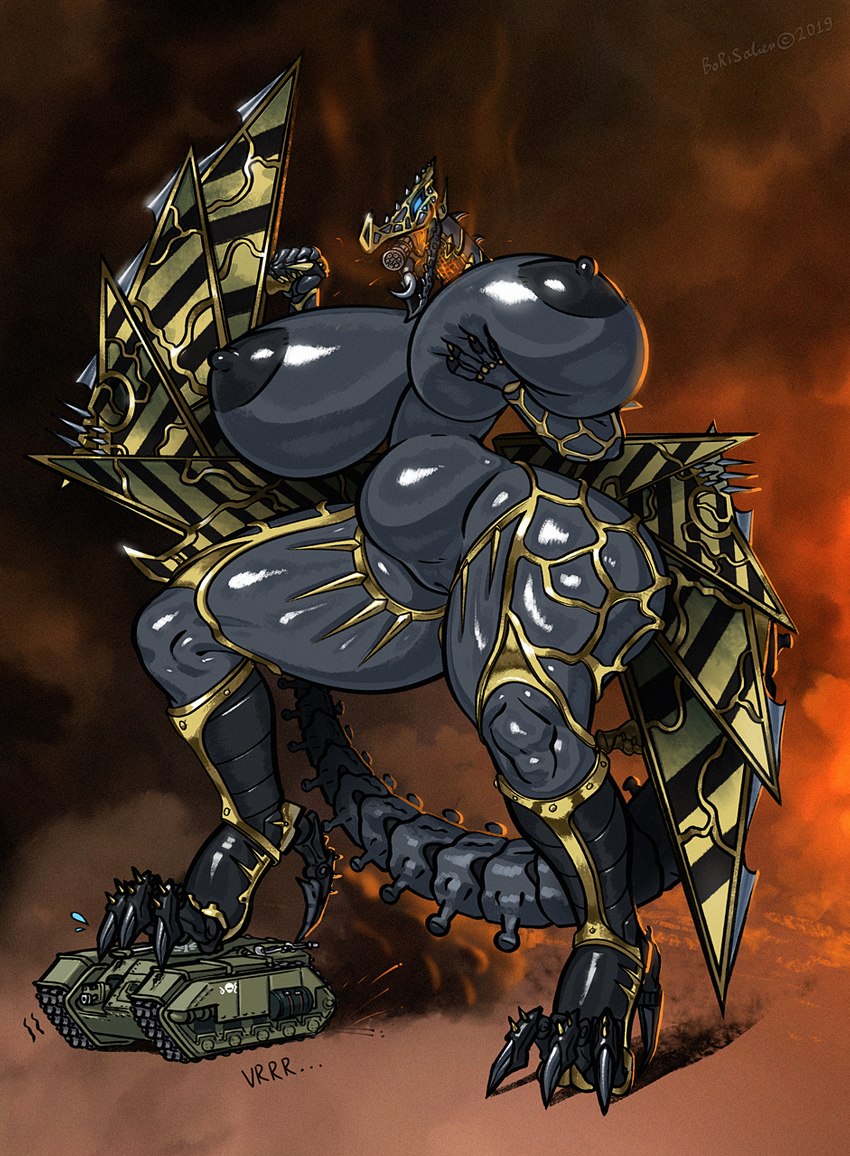 anthro areola big_breasts big_butt blue_sclera breasts butt claws clothing female fire footwear gatling_gun genitals gun high_heels huge_breasts machine machine_gun macro minigun mouth_gun nude pussy ranged_weapon shoes solo tail tall weapon wide_hips wings borisalien mythology warhammer_(franchise) warhammer_40000 chaos_daemon daemon_engine dragon heldrake living_machine mythological_creature mythological_scalie scalie hi_res