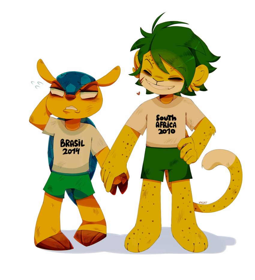 anthro barefoot brazil clenched_teeth clothed clothing duo feet fur green_hair hair hand_behind_head hand_grab hand_holding heart_symbol male male/male nervous simple_background size_difference smile south_africa teeth white_background yellow_body yellow_fur bloodrusher fifa fuleco zakumi armadillo felid leopard mammal pantherine xenarthran hi_res