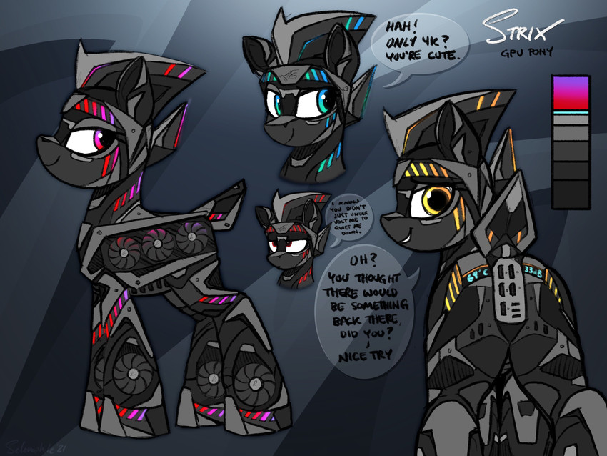 ambiguous_gender dialogue female feral graphics_card looking_at_viewer looking_back machine rear_view side_view smile solo speech_bubble text selenophile hasbro my_little_pony fan_character equid equine horse mammal pony robot 2021 4:3 absurd_res english_text hi_res model_sheet