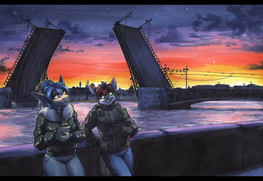 anthro biped black_bars black_body black_fur black_hair blue_eyes blue_hair bridge clothed clothing detailed_background drawbridge duo female fully_clothed fur hair male multicolored_hair outside red_eyes red_hair river russia sky st._petersburg sunset tan_body white_body white_fur ewgengster saryn_(srinon) tales_foxdale_(character) canid canine fish fox mammal marine requiem_shark shark tiger_shark 2023 absurd_res hi_res letterbox traditional_media_(artwork)