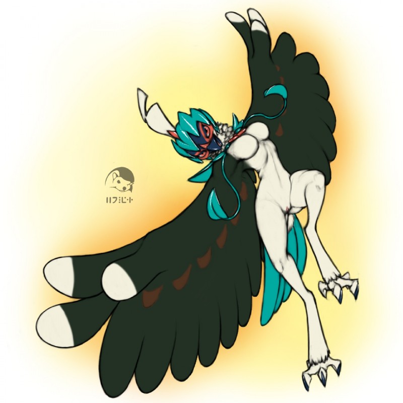 anthro anthrofied breasts claws digitigrade feathers female flying genitals half-closed_eyes looking_at_viewer narrowed_eyes non-mammal_breasts nude open_mouth orange_eyes pussy solo winged_arms wings yojek163 nintendo pokemon avian decidueye generation_7_pokemon pokemon_(species) 1:1 hi_res