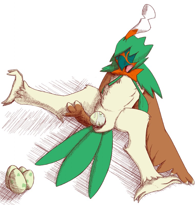 animal_genitalia anthro avian_butt cloaca egg eyes_closed female genitals oviposition raised_leg solo strained the_coast_is_near nintendo pokemon avian bird decidueye generation_7_pokemon pokemon_(species) hi_res