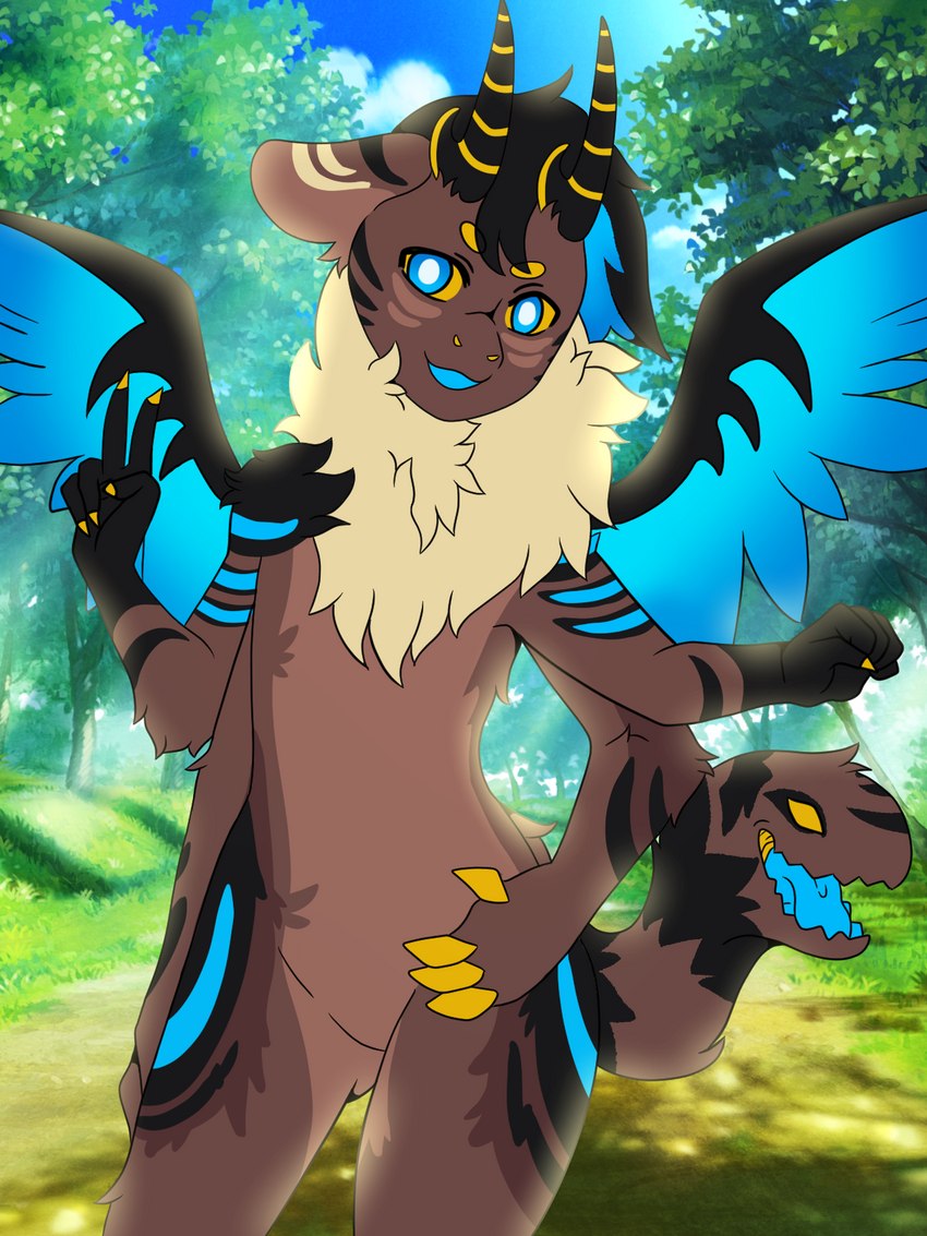 4_arms anthro blue_tongue claws featureless_crotch fur_scarf gesture hand_gesture hand_on_hip horn male multi_arm multi_eye multi_limb multifur paws solo tail tail_mouth tongue unusual_anatomy unusual_tail v_sign wings littlemarshmallowcat rusty_flicker dreamoriginated 3:4 hi_res