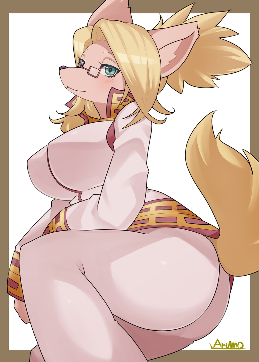 anthro big_breasts big_butt blonde_hair border bottomwear breasts butt clothed clothing eyewear female female_anthro fur glasses green_eyes hair kemono markings mole_(marking) one_leg_up orange_border pants ponytail raised_leg shirt simple_background solo tan_body tan_fur topwear white_background arumo cyberconnect2 little_tail_bronx solatorobo merveille_million canid canine caninu canis collie domestic_dog herding_dog mammal pastoral_dog sheepdog hi_res