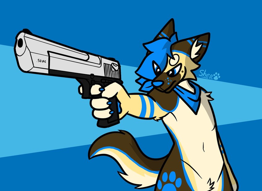 anthro blue_background blue_hair blue_markings brown_body brown_fur cheek_tuft ears_back facial_tuft footprint fur gun hair half-closed_eyes handgun kerchief male markings narrowed_eyes neckerchief neckwear pawprint pawprint_(marking) pistol pivoted_ears ranged_weapon simple_background solo tan_body tan_fur tuft weapon yellow_body yellow_fur shepgoesblep shep_(shepgoesblep) canid canine canis domestic_dog german_shepherd herding_dog mammal pastoral_dog 2023 hi_res