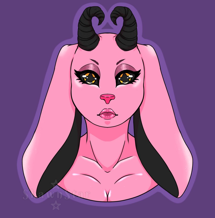 anthro black_horn black_sclera breasts cleavage clothed clothing curved_horn eyelashes eyeshadow female fur hair horn lips lipstick long_ears looking_at_viewer makeup pink_body pink_fur pink_hair pink_nose pupils simple_background solo star_pupils symbol-shaped_pupils thick_lips unusual_pupils yellow_eyes mistystar hybrid lagomorph leporid mammal rabbit digital_media_(artwork) hi_res shaded