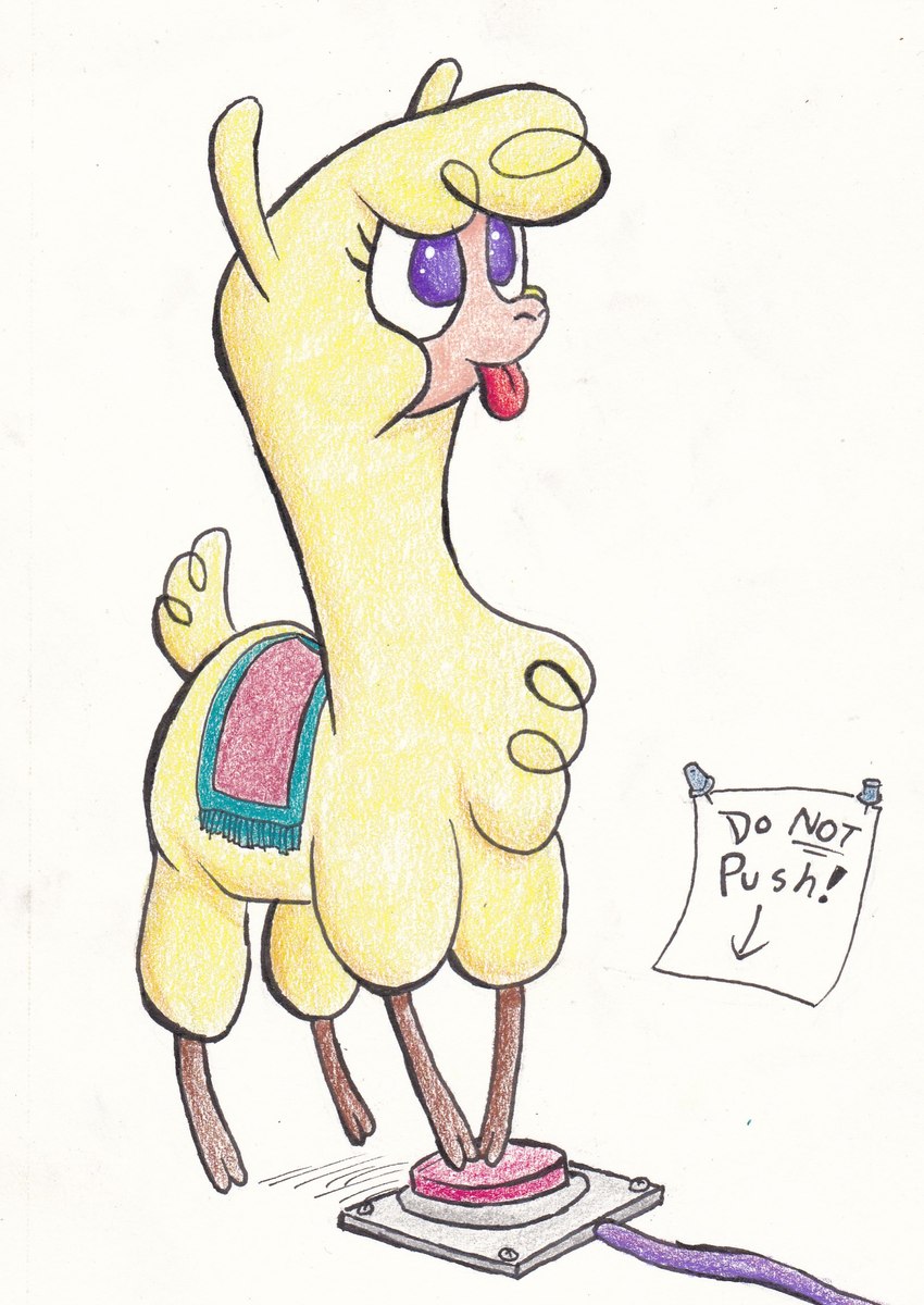 female feral purple_eyes push pushbutton simple_background solo text tongue tongue_out white_background yellow_body lost_marbles them's_fightin'_herds paprika_paca_(tfh) alpaca camelid mammal 2018 colored_pencil_(artwork) english_text hi_res traditional_media_(artwork)