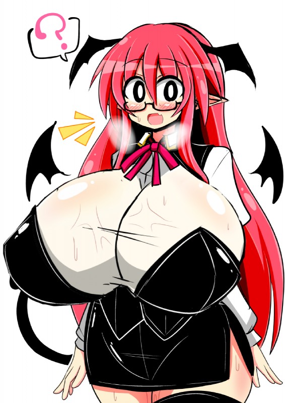 :d big_breasts blush bodily_fluids bottomwear breast_expansion breasts breath clothed clothing expansion eyewear fangs female glasses hair head_wings huge_breasts humanoid_pointy_ears legwear long_hair membrane_(anatomy) membranous_wings not_furry open_mouth panting pointy_ears red_hair shirt skirt smile solo spade_tail suit sweat sweatdrop tail teeth thigh_highs topwear unusual_wing_placement wings rindou_(p41neko) touhou koakuma demon humanoid hi_res