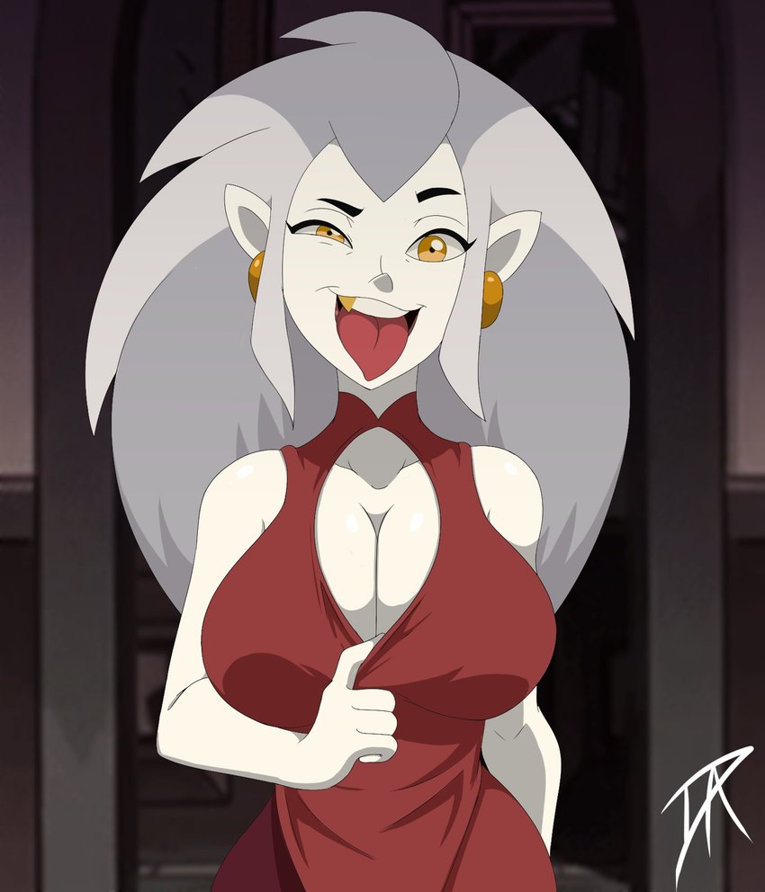 amber_eyes bare_shoulders big_breasts breasts cleavage clothed clothed_female clothed_humanoid clothing doorway ear_piercing ear_ring eyebrows fangs female female_humanoid fully_clothed fully_clothed_female fully_clothed_humanoid grey_hair hair humanoid_pointy_ears inside long_hair looking_at_viewer looking_forward one_fang open_mouth pale_skin piercing pointy_ears raised_eyebrow red_clothing ring_piercing sleeveless_clothing solo standing teeth tongue tongue_out white_body white_ears white_skin dalley-the-alpha disney the_owl_house eda_clawthorne humanoid mammal witch_(the_owl_house) 2022 digital_media_(artwork) half-length_portrait hi_res portrait signature