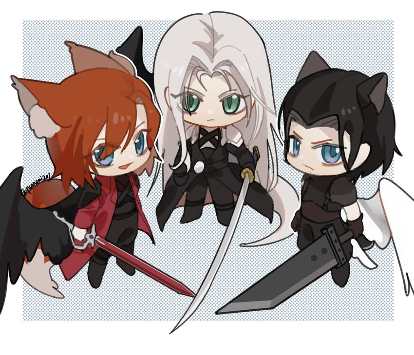 animal_ears armor big_sword black_armor black_body black_clothing black_coat black_feathers black_hair black_topwear blue_eyes buster_sword chibi clothed clothing coat dotted_background ears_up feathers fluffy fluffy_tail green_eyes group hair inner_ear_fluff long_hair looking_at_viewer male melee_weapon not_furry open_mouth pattern_background red_clothing red_coat red_hair red_topwear simple_background sword tail topwear trio tuft weapon white_body white_feathers white_hair wings quanzai201 final_fantasy final_fantasy_vii square_enix angeal_hewley_(final_fantasy_vii) sephiroth_(final_fantasy_vii) human mammal digital_media_(artwork) hi_res signature