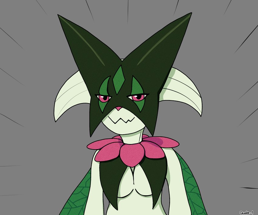 anthro breasts female green_body grey_background light_body looking_at_viewer mask red_eyes simple_background smug smug_grin solo quake-1 nintendo pokemon generation_9_pokemon meowscarada pokemon_(species) absurd_res hi_res