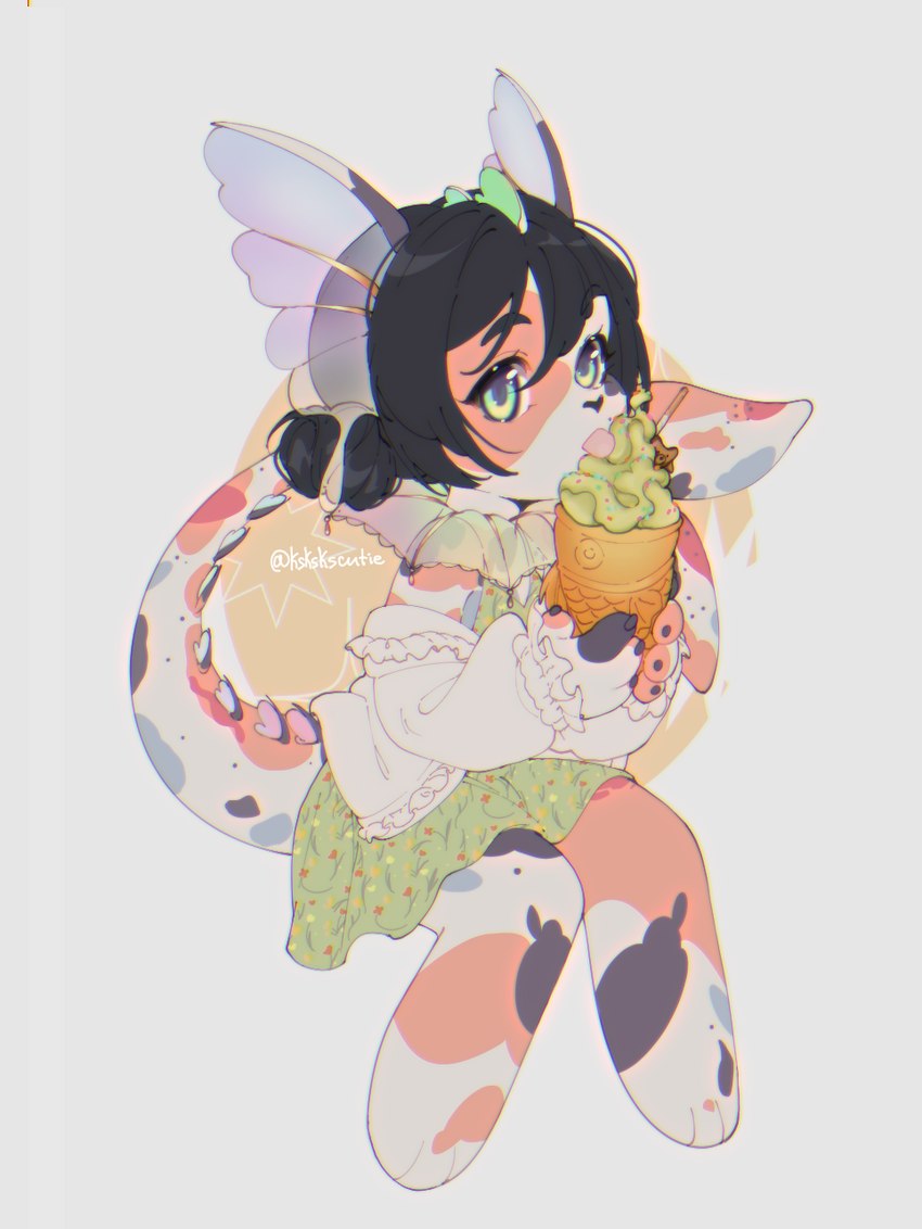 anthro black_hair clothed clothing dessert eyelashes female food glistening glistening_eyes green_clothing green_eyes green_topwear hair holding_food holding_ice_cream holding_object ice_cream licking orange_body pink_tongue simple_background sitting solo taiyaki tongue tongue_out topwear white_body white_clothing white_topwear sonyan carp cyprinid cypriniform fish marine full-length_portrait hi_res portrait signature