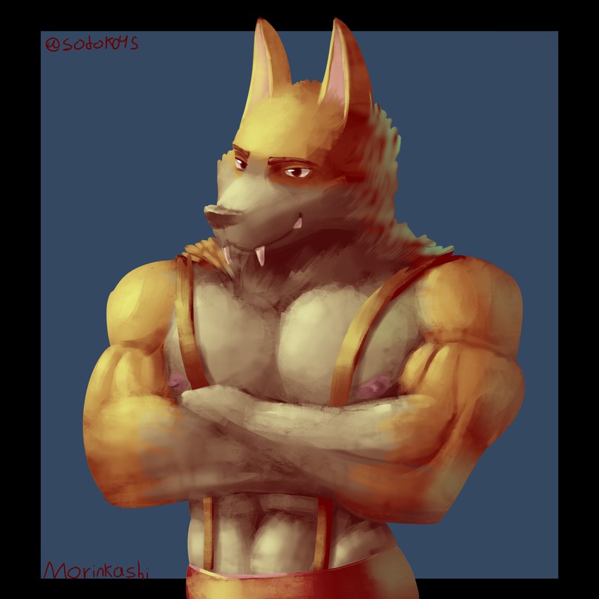 abs anthro athletic athletic_anthro athletic_male barazoku biceps big_muscles brown_body clothed clothing crossed_arms fangs male muscular muscular_anthro muscular_male nipples solo teeth morinkashi hank_howell_(piti_yindee) canid canine canis domestic_dog mammal wolf 1:1 half-length_portrait hi_res portrait