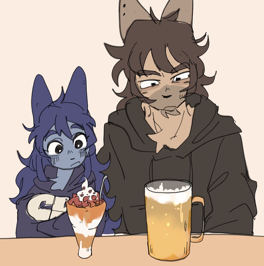 alcohol anthro beer beer_mug beverage blue_body blue_clothing blue_ears blue_eyebrows blue_face blue_fur blue_hoodie blue_topwear brown_clothing brown_eyebrows brown_hair brown_hoodie brown_topwear clothed clothed_anthro clothed_female clothed_male clothing dessert duo ear_piercing eyebrows female female_anthro food frown fur hair hoodie larger_male long_ears long_hair male male/female male_anthro mouth_closed multicolored_body multicolored_face multicolored_fur piercing simple_background size_difference smaller_female tan_background text text_on_clothing text_on_hoodie text_on_topwear thick_eyebrows topwear puppy_in_space gorio_(goolahan) mini_(puppy_in_space) canid canine canis domestic_dog mammal 2024 digital_media_(artwork)