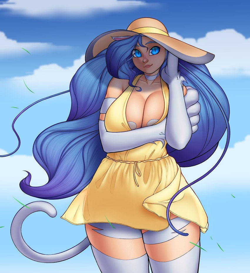 animal_ears animal_limbs animal_tail big_breasts big_hair blue_eyes blue_hair breasts cleavage clothed clothing cloud dress female front_view fur hair hat headgear headwear huge_breasts long_hair looking_at_viewer pupils sky slit_pupils smile solo sun_hat tan_body tan_skin thick_thighs white_body white_fur wide_hips yellow_clothing yellow_dress imaginaricide capcom darkstalkers felicia_(darkstalkers) animal_humanoid cat_humanoid felid felid_humanoid feline feline_humanoid humanoid mammal mammal_humanoid hi_res