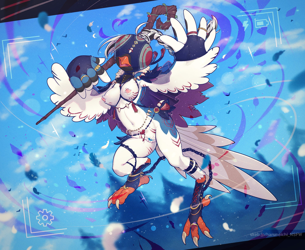 action_pose anthro bdsm beak black_body black_feathers blindfold blue_body blue_feathers bondage bound braided_hair breasts chain claws clothing curvy_figure falconry_hood feathers feet female flying footwear genitals hair happy heart_symbol holding_object holding_staff hood jewelry magic_user midair midriff mostly_nude neck_tuft non-mammal_breasts open_mouth orange_beak ponytail pose ring sensory_deprivation sensory_deprivation_hood shark_tooth_necklace small_waist smile solo spread_wings staff standing submissive submissive_anthro submissive_female tail tail_feathers talons thick_thighs toe_claws toes tuft vulva white_body white_feathers white_hair wide_hips winged_arms wings haruneichi cissa_(idorrth) avian bird corvid magpie_(corvid) oscine passerine absurd_res digital_media_(artwork) full-length_portrait hi_res pinup portrait