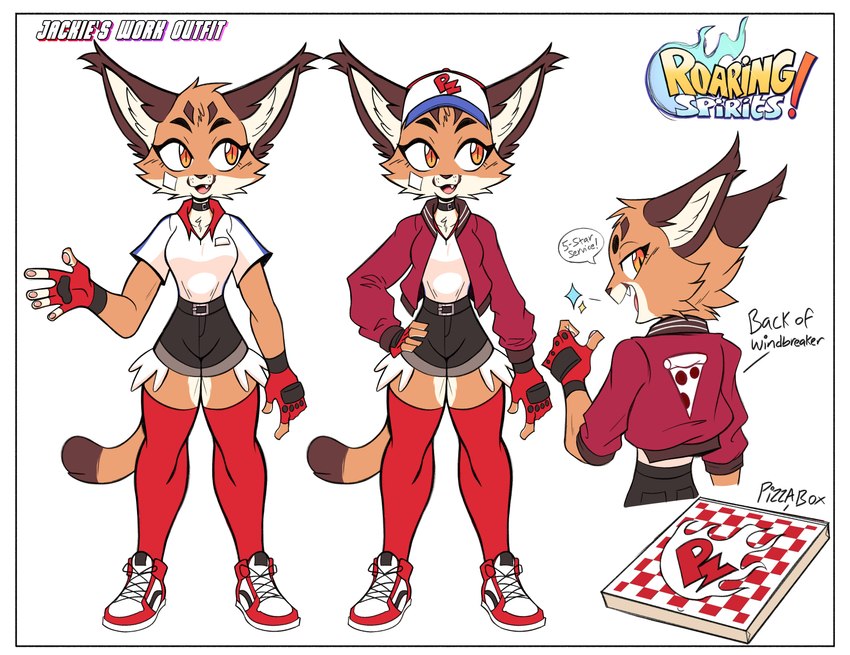 anthro bottomwear clothing female fingerless_gloves food footwear gloves handwear hat headgear headwear hotpants jacket legwear pizza shorts socks solo thigh_highs thigh_socks topwear beezii roaring_spirits jackie_(beezii) caracal caracal_(genus) felid feline mammal absurd_res hi_res model_sheet