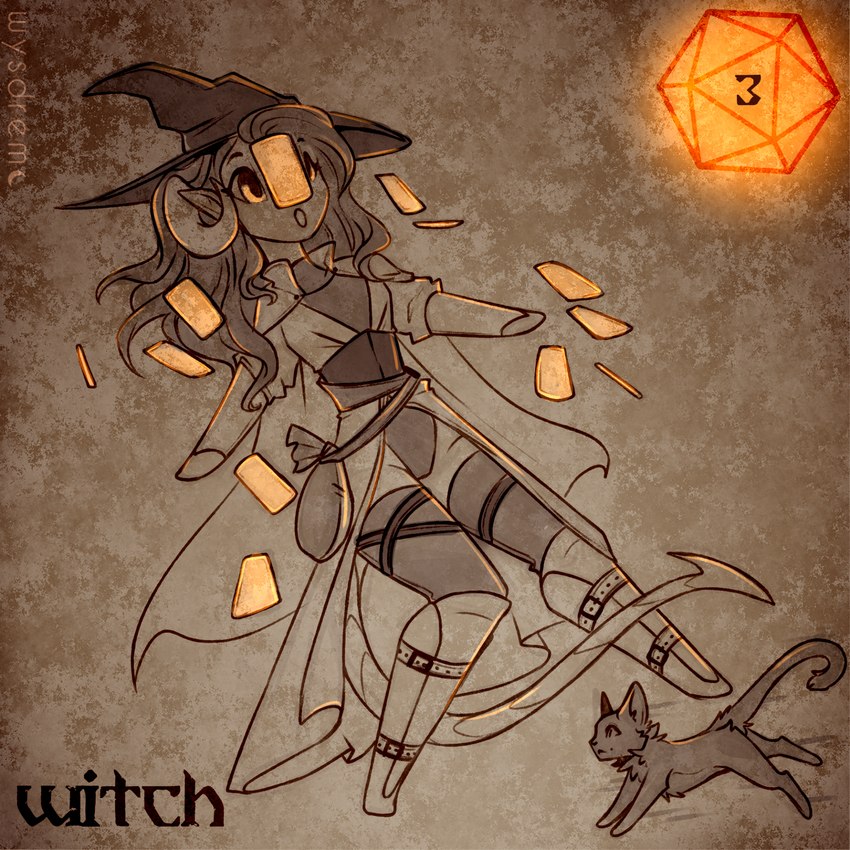 ambiguous_gender anthro cloak clothing duo female feral hat headgear headwear holidays horn humanoid_pointy_ears magic_user money_bag open_mouth orange_eyes pointy_ears tail wide_eyed witch witch_hat wysdrem halloween felid feline hybrid mammal 1:1 hi_res